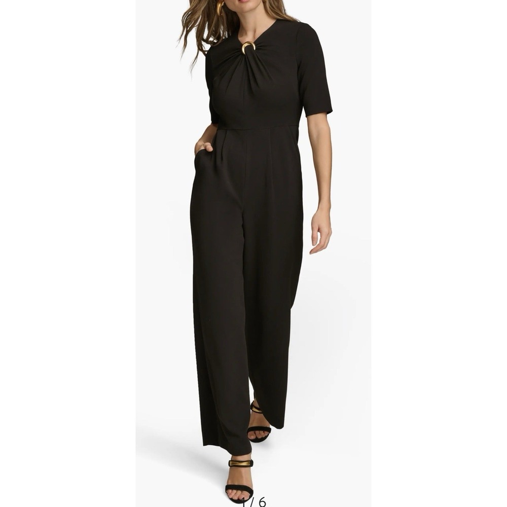 Donna Karan Black O-Ring Straight-Leg Twist Front Jumpsuit Size 12 - Picture 16 of 16